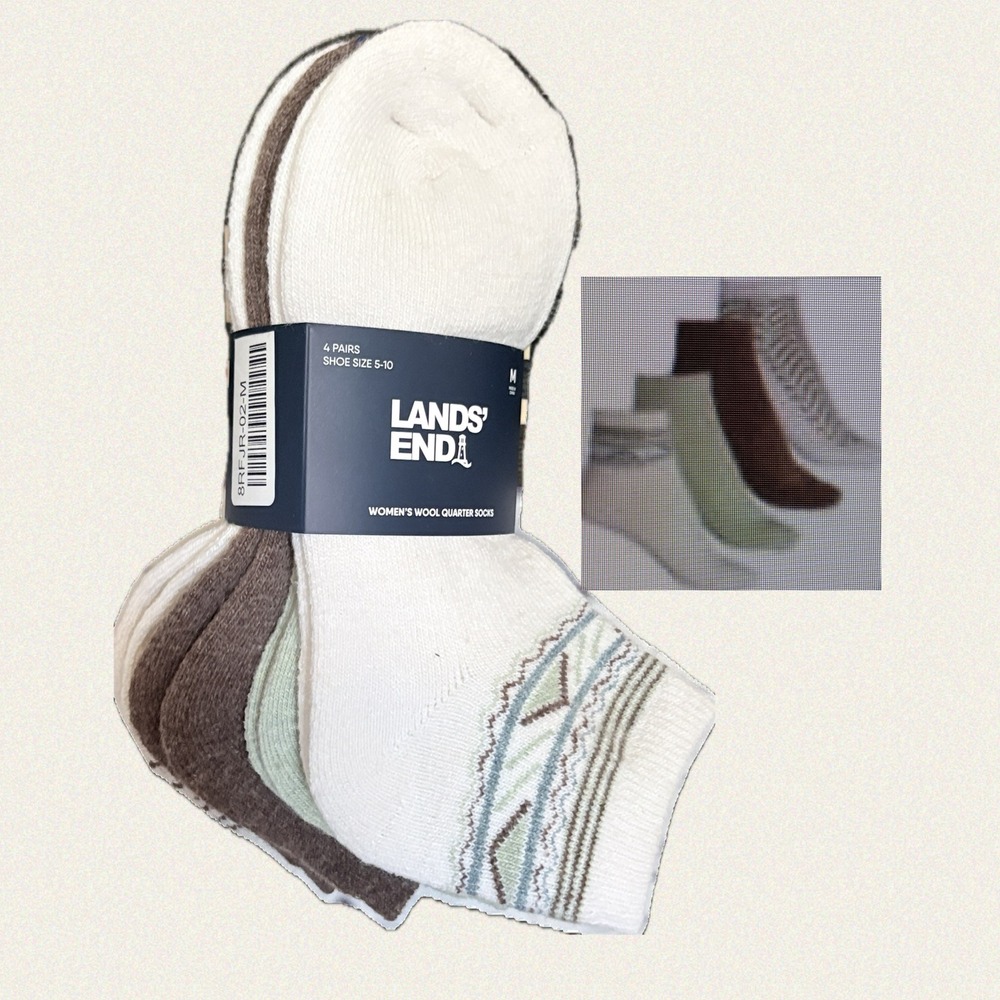 Lands' End Women's Wool Blend Quarter Socks 4 Pairs Green Brown Shoe Size M 5-10